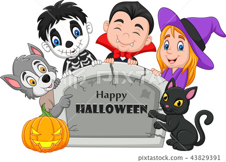 Cartoon kids with Halloween costume holding tombst Cartoon kids with Halloween costume holding tombst 43829391