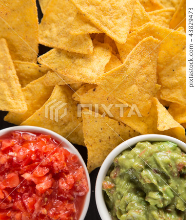Tradition mexican guacamole and salsa dip, nachos tortilla chips. 43829473