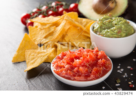 Tradition mexican guacamole and salsa dip, nachos tortilla chips. Tradition mexican guacamole and salsa dip, nachos tortilla chips. 43829474