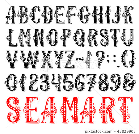 Retro font with floral letters and numbers 43829905