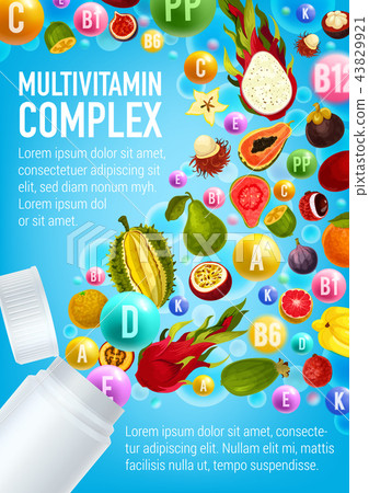 Multivitamin poster, vitamin pill and fruits 43829921