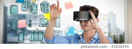 Composite image of full length of businessman using virtual reality simulator Composite image of full length of businessman using virtual reality simulator 43830244