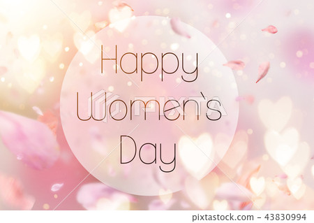 Abstract composition for Women's Day. Pink flower petals flying with hearts symbols. 43830994