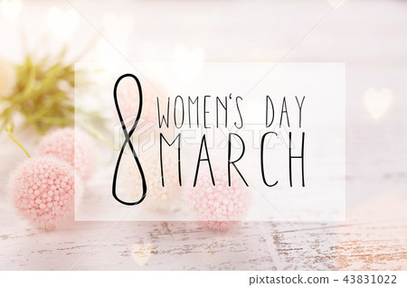 Flowers composition for Women's Day. Pink flowers on old white wooden background. 43831022