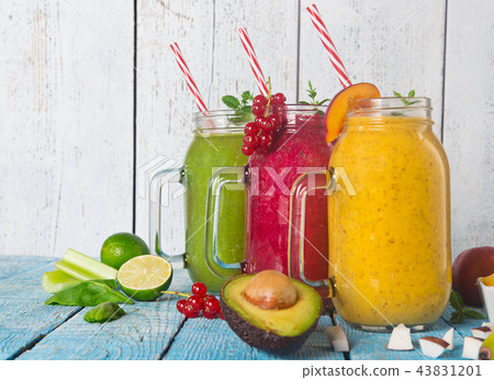 Healthy fresh smoothies with ingredients. Healthy fresh smoothies with ingredients. 43831201