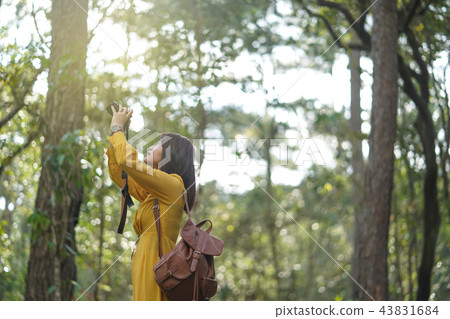 Asian woman adventure in the forest take a photo. Asian woman adventure in the forest take a photo. 43831684
