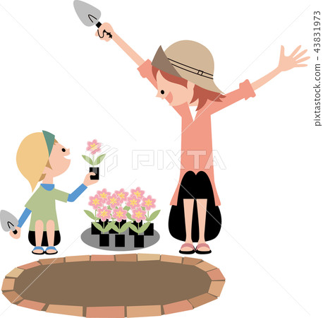 Mother and child planting flowers in the garden 43831973