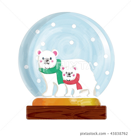 Illustration of watercolor touch of snow dome | Snowman, parent and child polar bear | snow dome, globe 43838762