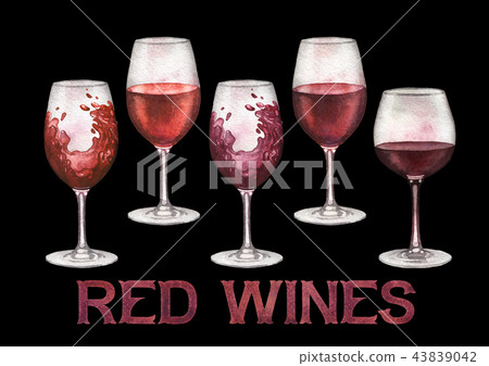 Watercolor glasses of red wines isolated on white background 43839042