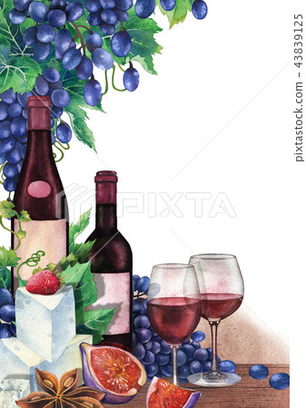 Watercolor wine glasses and bottles decorated with delicious food Watercolor wine glasses and bottles decorated with delicious food 43839125