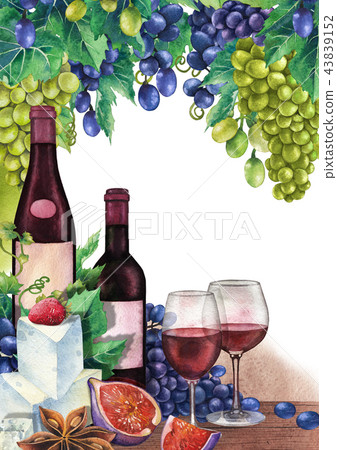 Watercolor wine glasses and bottles decorated with delicious food 43839152
