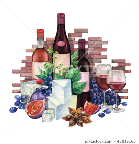Watercolor wine glasses and bottles decorated with delicious food 43839166