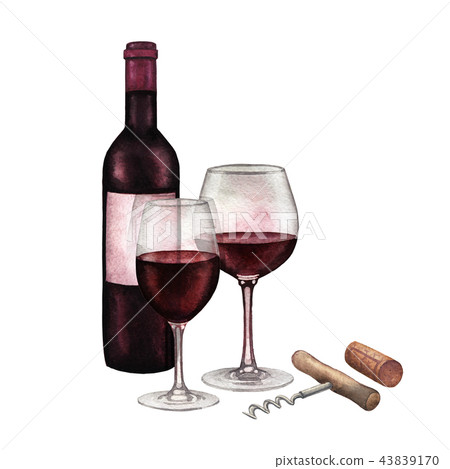Two watercolor glasses of red wine, dark bottle, cork and corkscrew 43839170
