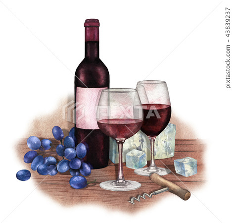 Two watercolor glasses of red wine, bottle, grapes, cheese and corkscrew 43839237