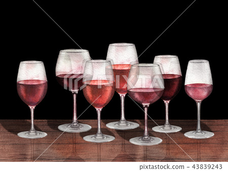 Watercolor row of red wine glasses on the wooden table 43839243