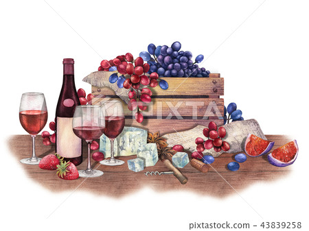 Watercolor red wine glasses and bottle decorated with delicious food 43839258
