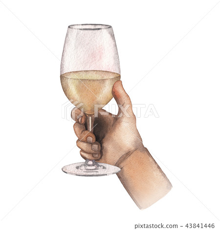 Watercolor hand holding glass of white wine isolated on white background 43841446