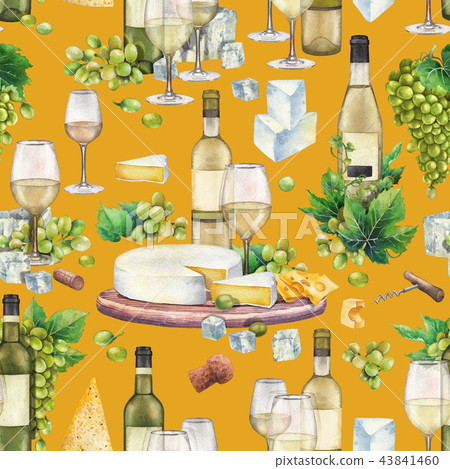 Watercolor wine glasses and bottles, white grapes, cheese, cork and corkscrew 43841460