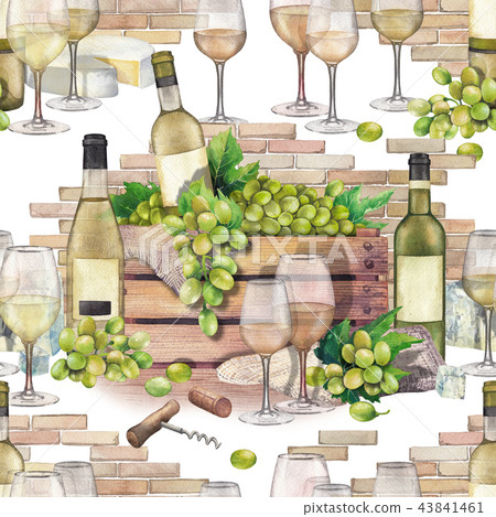 Watercolor box with bottle and grapes with wine glasses in front 43841461