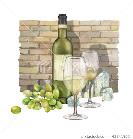 Two watercolor glasses of white wine, bottle, white grapes and cheese 43841503