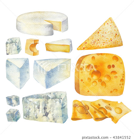 Watercolor collection of different types of cheese. Watercolor collection of different types of cheese. 43841552