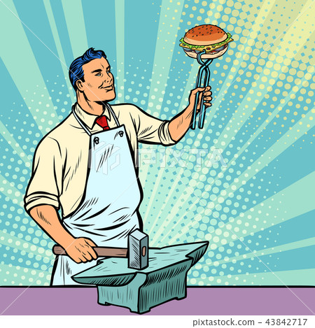 Cook blacksmith forges a Burger on the anvil 43842717