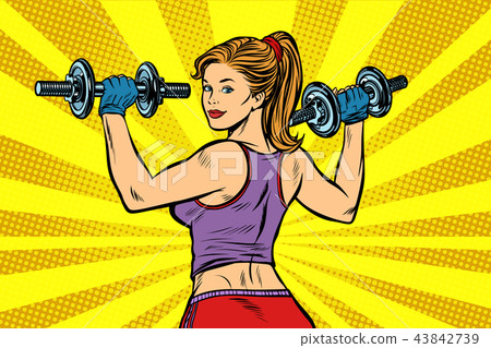 Pop art Sporty woman with dumbbells 43842739