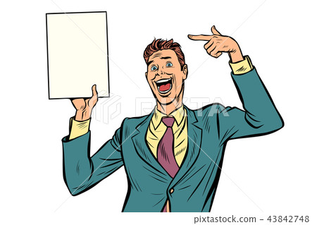pop art Businessman points at copy space poster. Isolate on whit pop art Businessman points at copy space poster. Isolate on whit 43842748