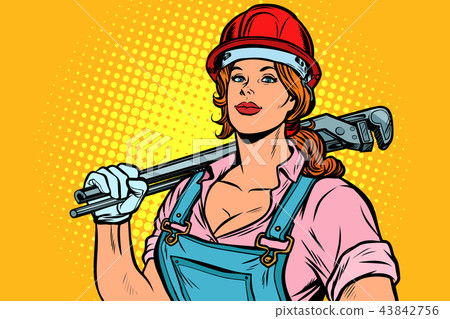 Pop art woman plumber mechanic with wrench Pop art woman plumber mechanic with wrench 43842756