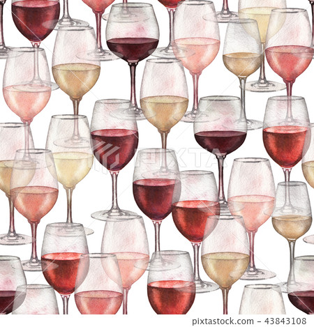 Watercolor pattern of red, rose and white wine glasses 43843108