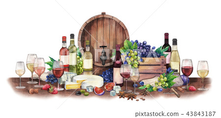 Watercolor wine glass and bottle decorated with delicious food 43843187
