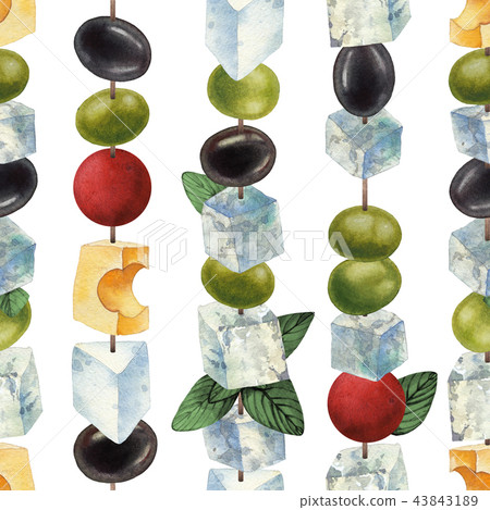Watercolor canapes made of cheese, olives and cherry tomatoes Watercolor canapes made of cheese, olives and cherry tomatoes 43843189