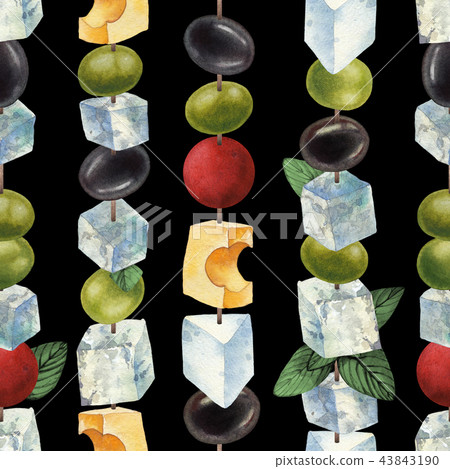 Watercolor canapes made of cheese, olives and cherry tomatoes Watercolor canapes made of cheese, olives and cherry tomatoes 43843190
