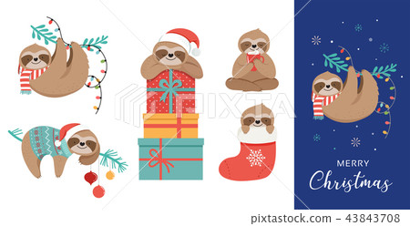 Cute sloths, funny Christmas illustrations with Santa Claus costumes, hat and scarfs, greeting cards Cute sloths, funny Christmas illustrations with Santa Claus costumes, hat and scarfs, greeting cards 43843708
