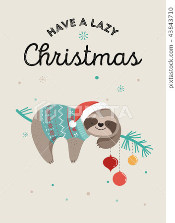 Cute sloths, funny Christmas illustrations with Santa Claus costumes, hat and scarfs, greeting cards Cute sloths, funny Christmas illustrations with Santa Claus costumes, hat and scarfs, greeting cards 43843710