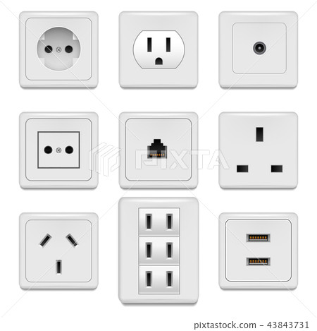 Realistic Detailed 3d White Blank Socket and Switch Template Mockup Set. Vector 43843731
