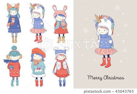 Hand drawn beautiful cute little winter girls collection. Merry Christmas greeting cards design Hand drawn beautiful cute little winter girls collection. Merry Christmas greeting cards design 43843763