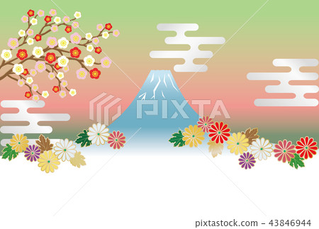 Image of Mt. Fuji and chrysanthemum flowers and Japanese pattern Image of Mt. Fuji and chrysanthemum flowers and Japanese pattern 43846944