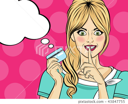 woman pop art style with credit card showing hand 43847755