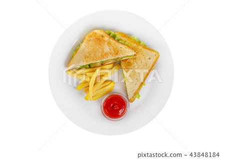 Sandwich with fish and French fries isolated white Sandwich with fish and French fries isolated white 43848184