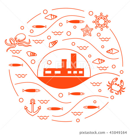 ship, octopus, fish, anchor, helm, waves, 43849164