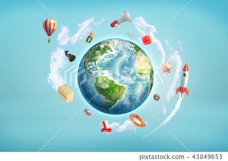 3d rendering of Earth globe surrounded by large objects, like rockets, dice, batteries and billiard 43849653