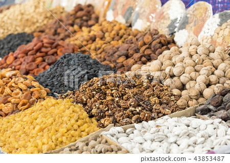 Dried fruits and nuts on local food market Dried fruits and nuts on local food market 43853487