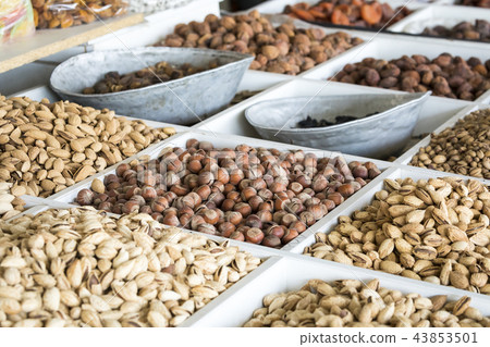 Dried fruits and nuts on local food market Dried fruits and nuts on local food market 43853501