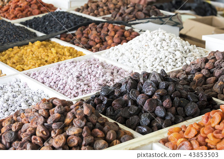 Dried fruits and nuts on local food market Dried fruits and nuts on local food market 43853503