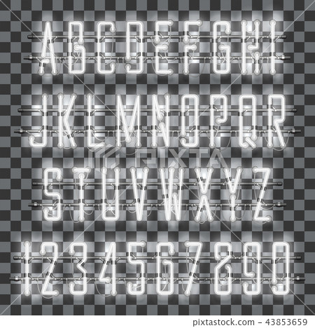 Shining and glowing white neon alphabet and digits. 43853659