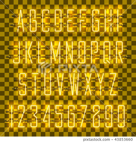 Shining and glowing yellow neon alphabet and digits. 43853660