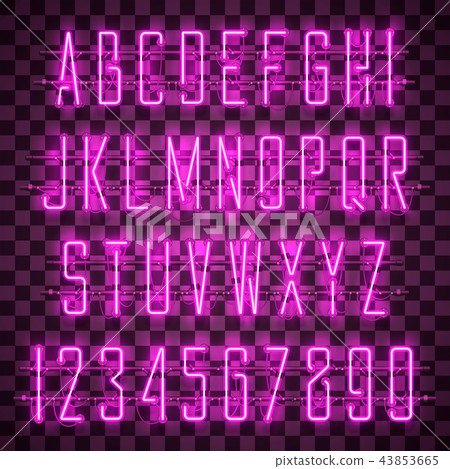 Shining and glowing purple neon alphabet and digits. 43853665