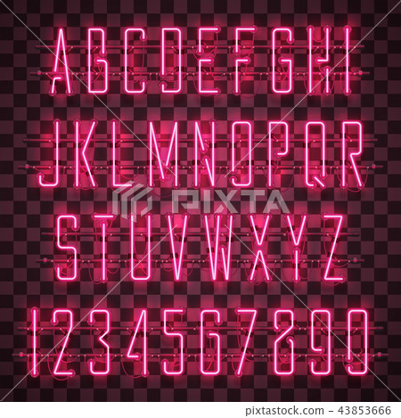 Shining and glowing red neon alphabet and digits. 43853666