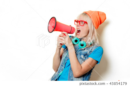 trendy girl orange hat with megaphone  43854179
